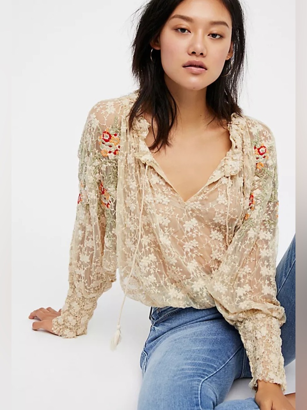 Free People Jubilee Floral Embroidered Sheer Top Sz XS
